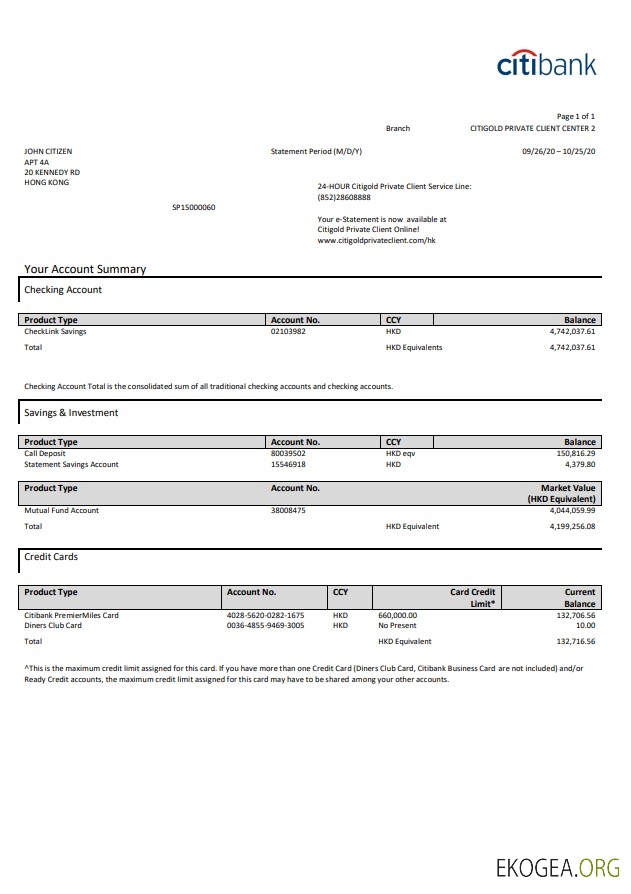 Relevé de carte de crédit de la Citibank de Hong Kong